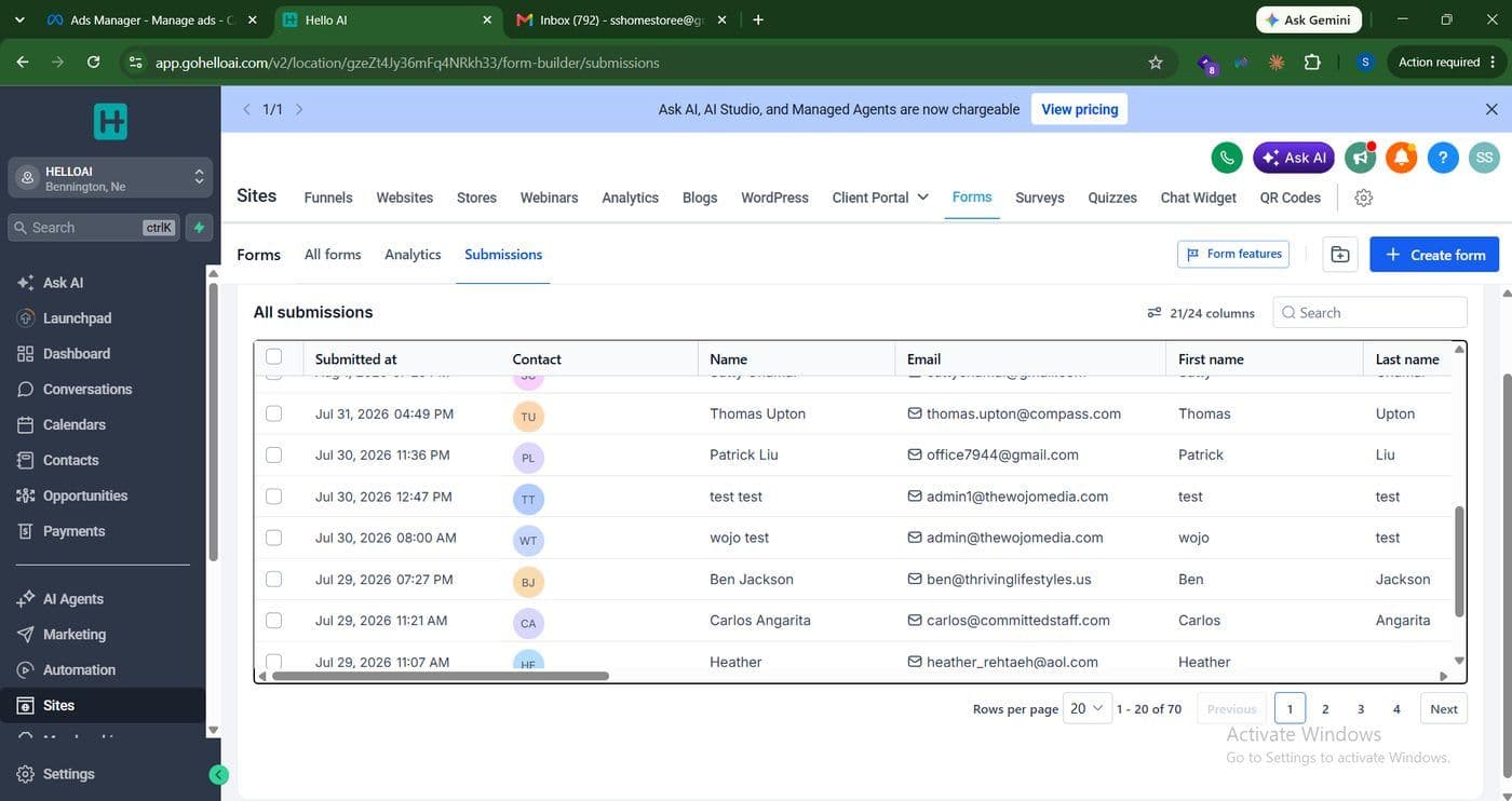 Hello AI CRM showing lead form submissions